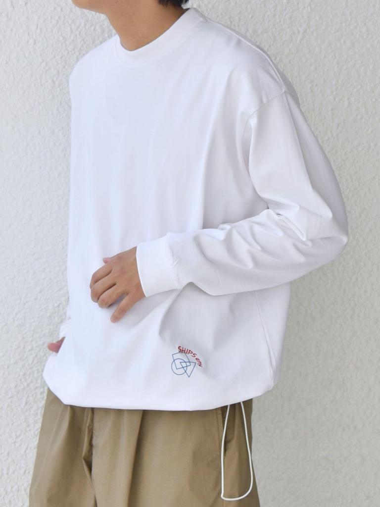 SHIPS Any T-shirt, Organic Cotton, Single Point Logo Print and Embroidery, Spindle, Long Sleeve, Men's, White, Size L, 712040059