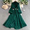 French Court Style Retro Lace Stand-up Collar Lantern Sleeve Dress Women's Spring and Autumn Breasted Waist Big Swing Elegant Long Dress