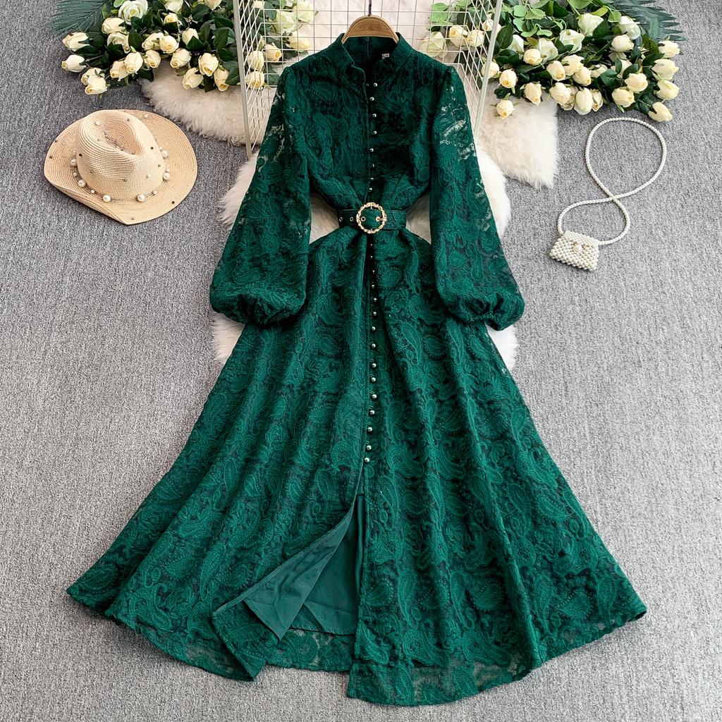 French Court Style Retro Lace Stand-up Collar Lantern Sleeve Dress Women's Spring and Autumn Breasted Waist Big Swing Elegant Long Dress