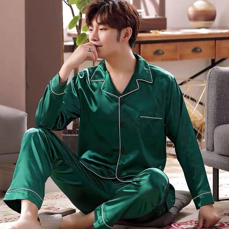 GMXIA Pigiama da Uomo Primavera e Autunno, Maniche Lunghe e Pantaloni Lunghi, Seta Ghiacciata Sottile, Abbigliamento da Casa per Adolescenti, Set di Seta, Taglie Forti