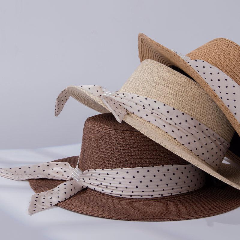 Sommarlov Platt Topp Stråhatt Rutig Rosett Stråhatt Kvinnor Vår Strand Solskyddshatt