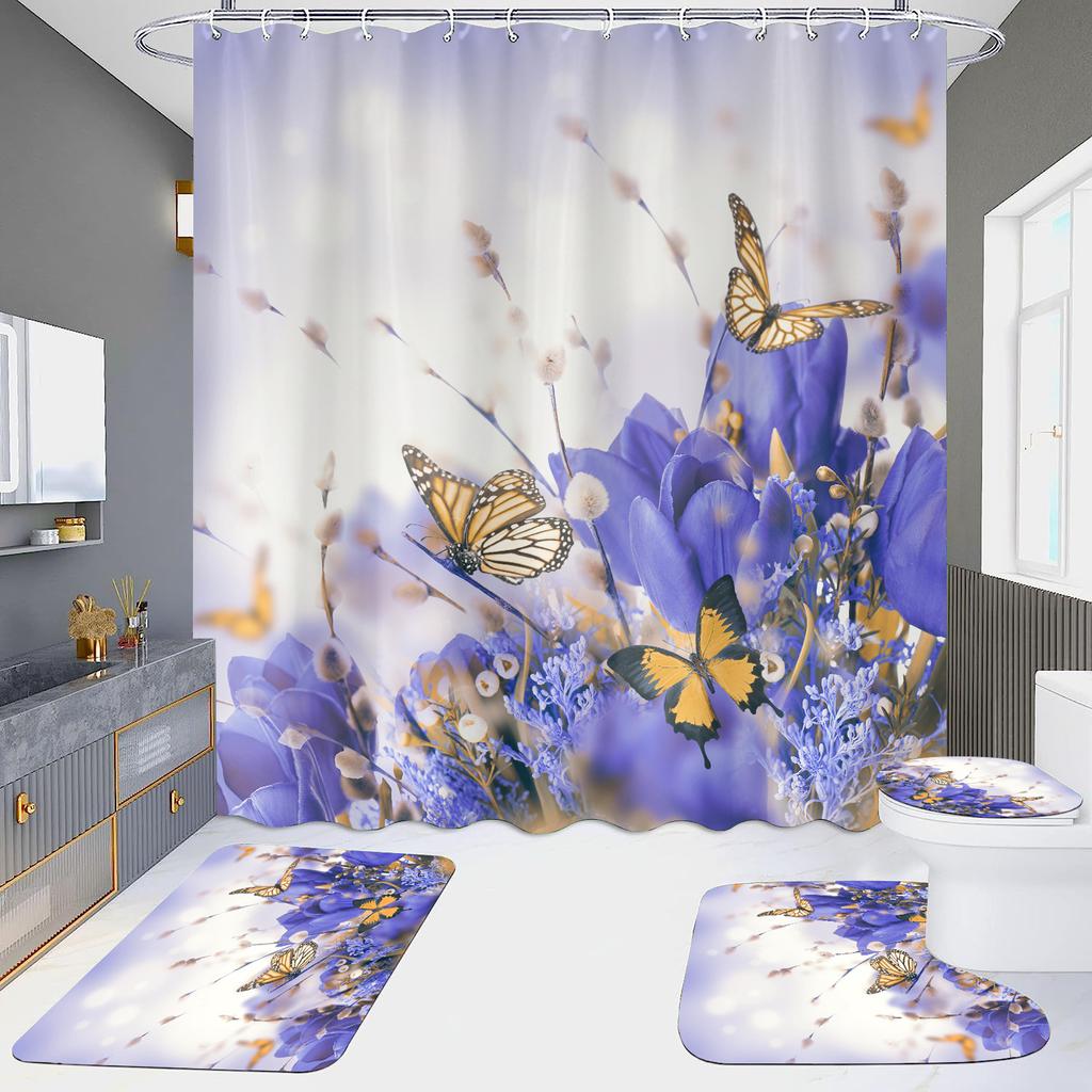 4-Piece Shower Curtain Set with HD Digital Printing | Waterproof, Drill-Free, Ideal for Home/Hotel Bathroom Partition