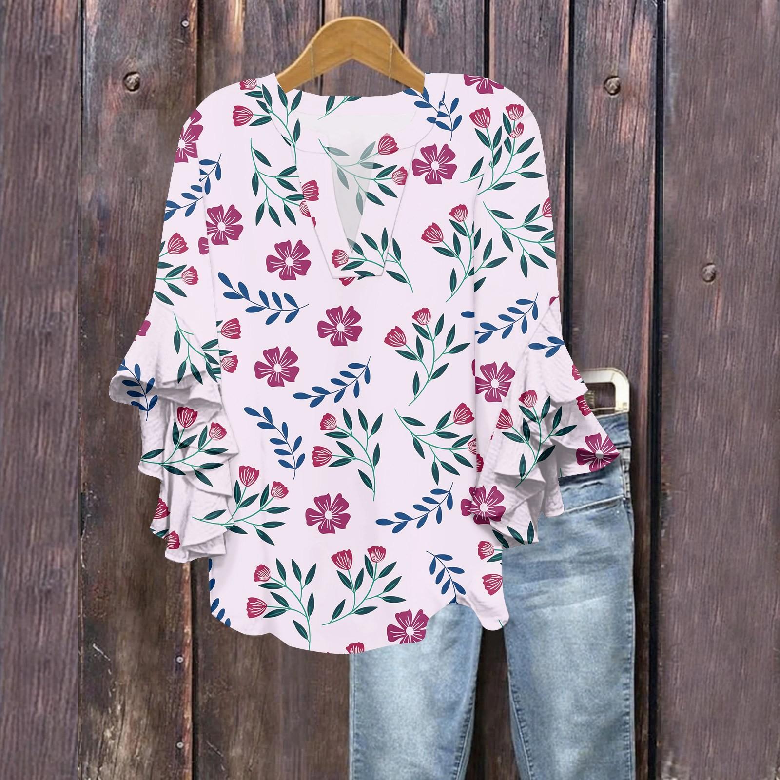 

Летние топы для женщин, симпатичные блузки с V-образным вырезом и рукавом 3/4, повседневные рубашки с цветочным принтом L