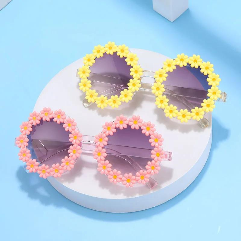 Boys Girls Cartoon Cute Flower Round Frame Sun Glasses Fashion Daisy Kids Sunglasses Children Floral Uv400 Shades Eyewear