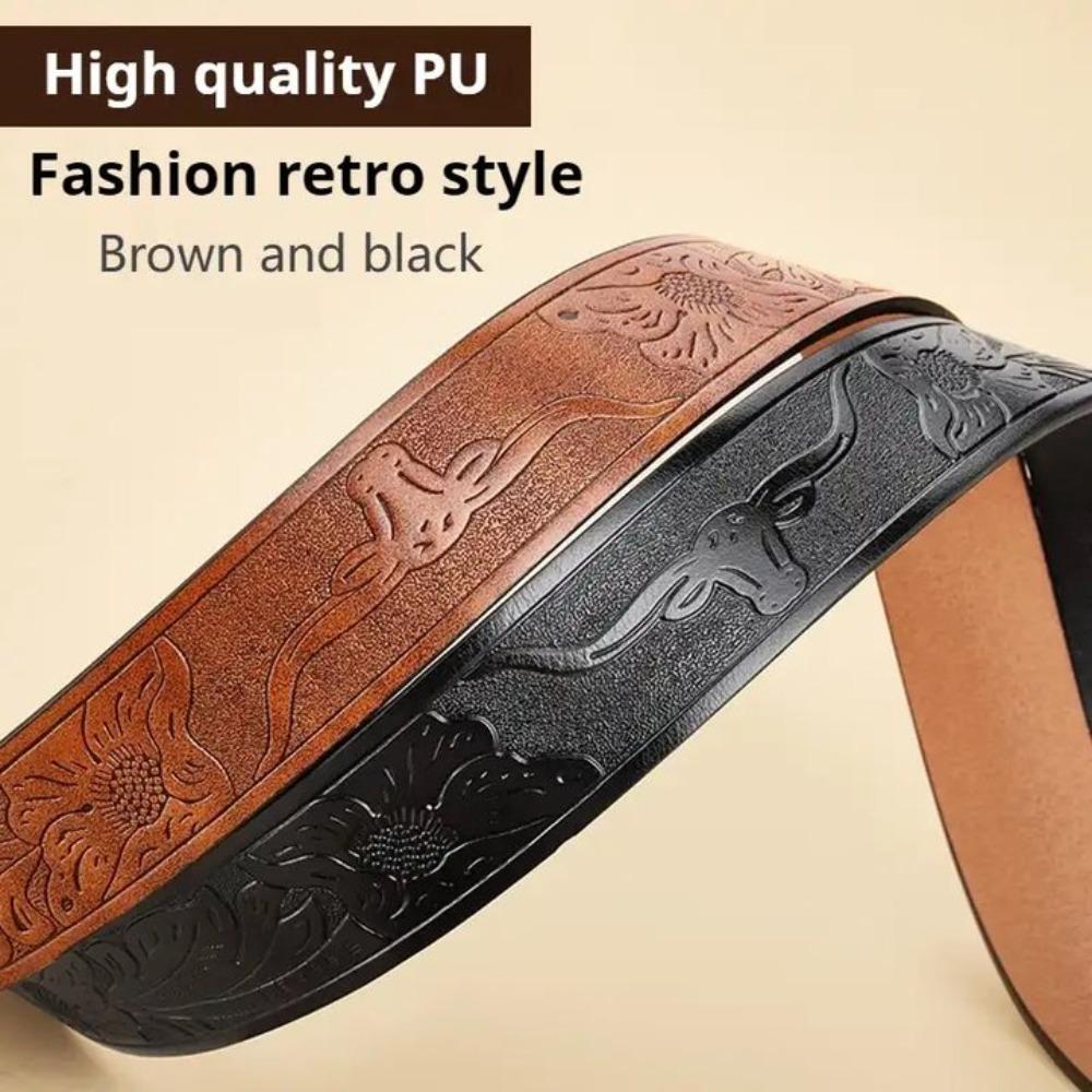 Floral Engraved Western Cowboy Waistband PU Leather Longhorn Bull Belt  Waist Accessories
