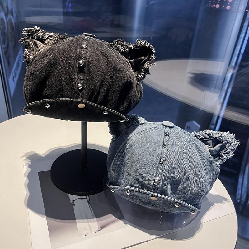 Cowboy Style Denim Beret With Studded Detail For Casual Streetwear And Outings