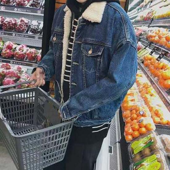 Men's Korean Style Winter Lambswool Denim Jacket - Fleece Lined, Thick Cotton Coat.