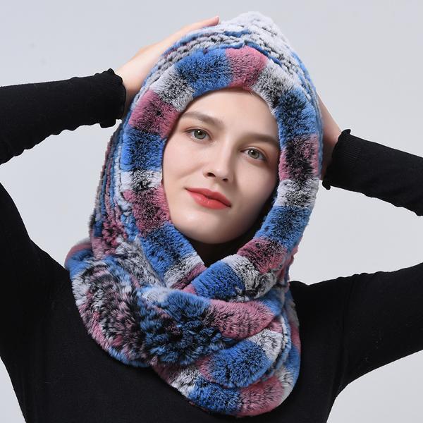 

Winter Hood Hat Knitted Rex Rabbit Fur Multi Color Headwear Women Female Warm Fur Hats One Size