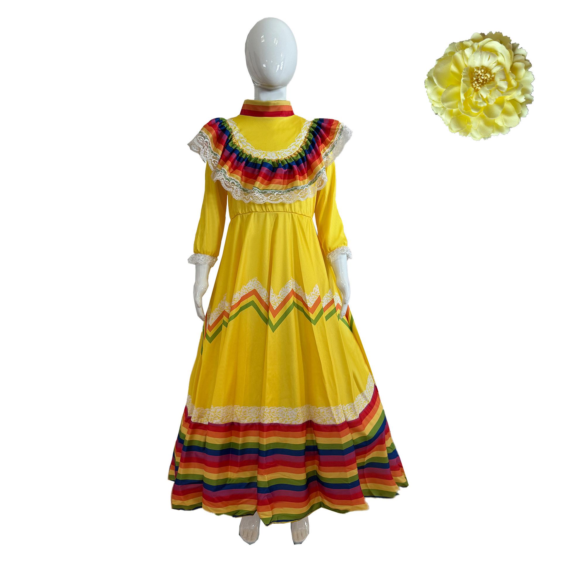 

Детское длинное платье в мексиканском стиле с длинными рукавами и круглым вырезом. XS жёлтый