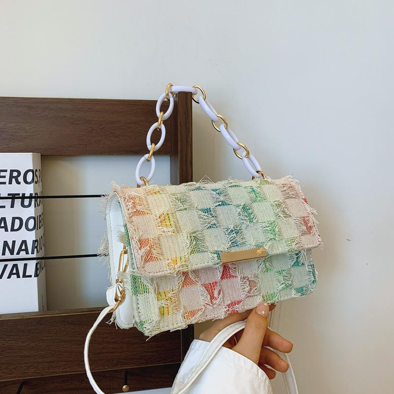 

2025 summer new denim niche fashion women s bag plaid shoulder messenger bag popular small square bag разноцветный