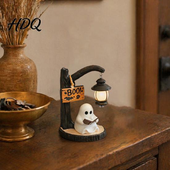 Warm Light Fireplace Decoration Halloween Hanging Ghost Night Resin Figurine, Vintage Farmhouse Glowing Tabletop Ornament, Decorative Shelf