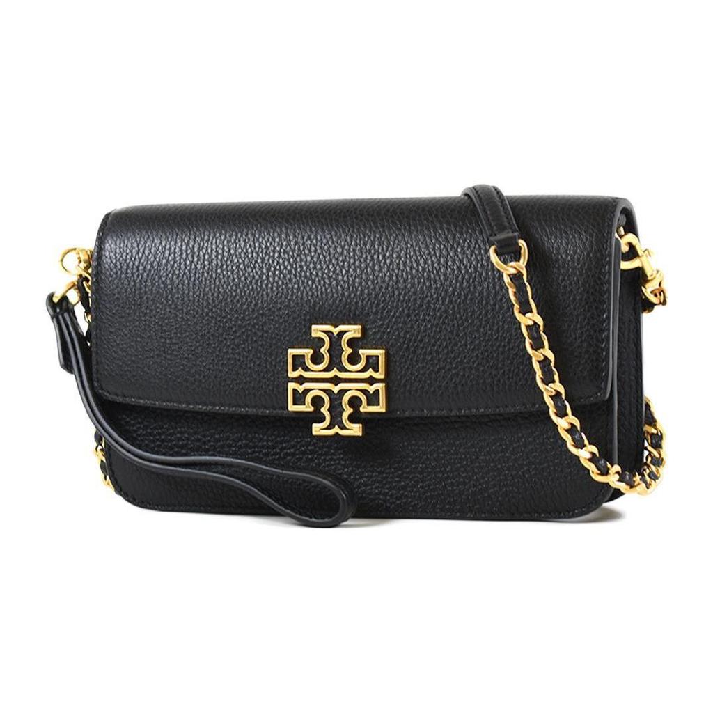 Tory Burch Britten Hollow Logo Chain Leather Shoulder Crossbody Bag Women Bags Black Black-Gold 141012-001