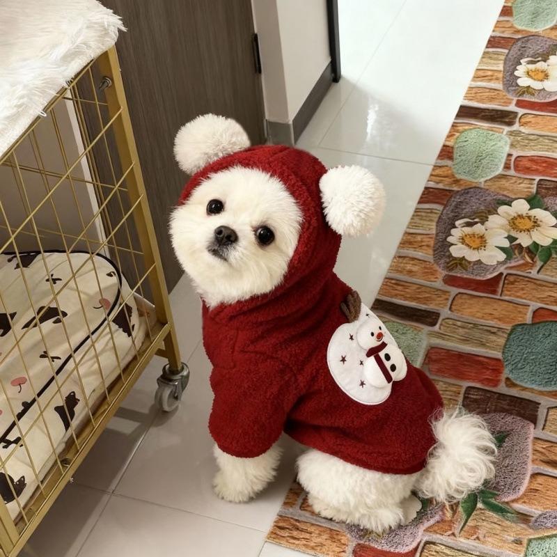 Red Christmas pet lamb wool jacket to keep warm in autumn and winter dog cat cute three-dimensional doll hooded cotton-padded coat