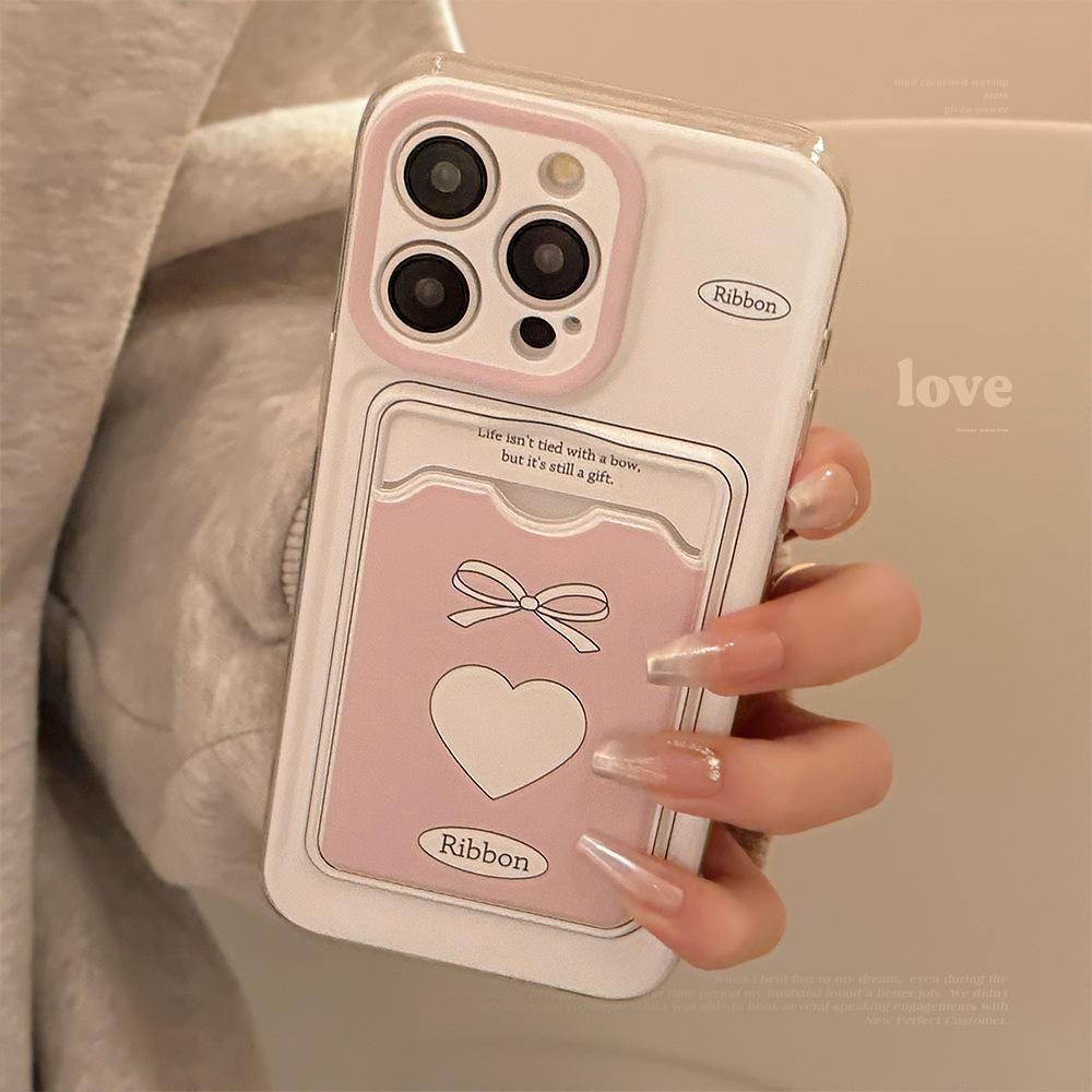 Korean Pink Love Card Bag Suitable for Apple 15 Promax Mobile Phone Case Iphone14 Niche 16 All Inclusive 13 Soft