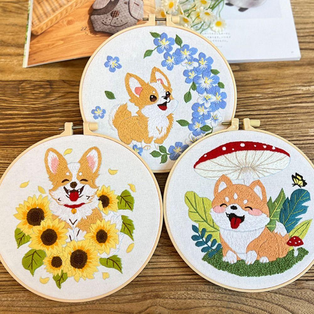 Floral Patterns Dog Embroidery Kit Corgi Embroidery Set Home Decor Cross Stitch Set Beginner