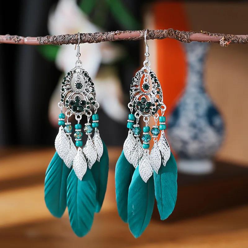 Bohemain Feather Long Earrings For Women Vintage Geometric Handmade Crystal Beads Wedding Drop Dangle Boho Girls Ear Jewelry