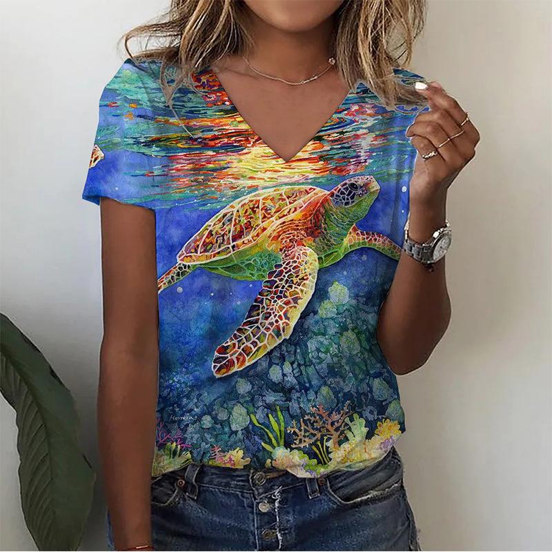 Vintage Damen T-Shirt mit Blumendruck Kurzarm V-Ausschnitt Oberteile Bequeme T-Shirts