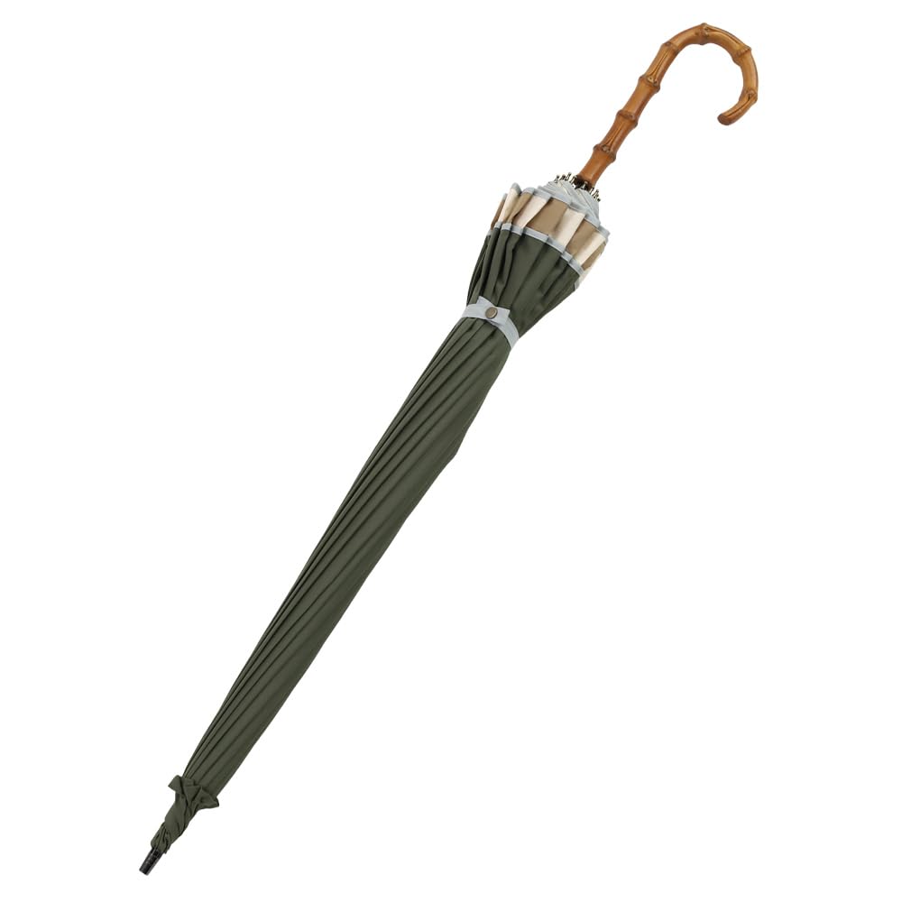 long umbrella with bamboo large tricolor stylish Kyoto style Women's 16-rib handle, piping, Japanese-style umbrella, (khaki)