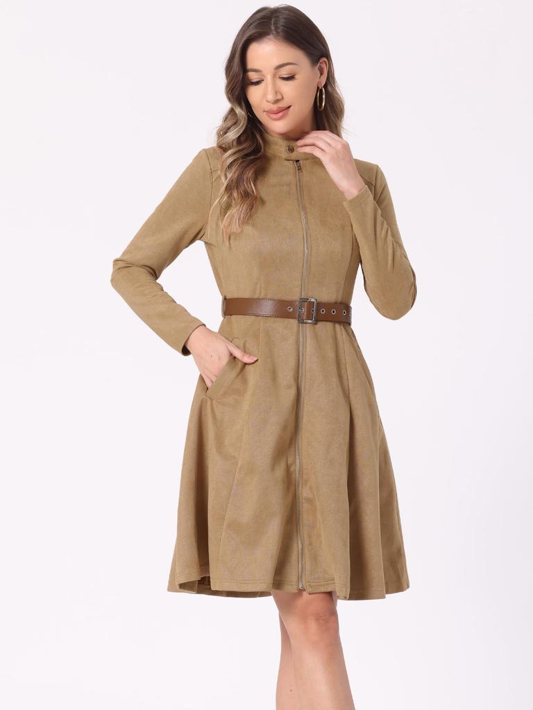 Allegra K Women's Khaki Faux Suede Long Sleeve Dress with Stand Collar and Belt, Perfect for Weddings, Funerals, or Special Occasions, Size L