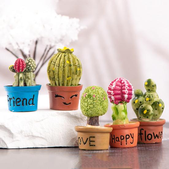 Mini Resin Cactus Plants Miniature Artificial Greenery Potted Cactus Figurine for Cake Topper DIY Micro Landscape Home Fairy Garden Plant Pots Bonsai