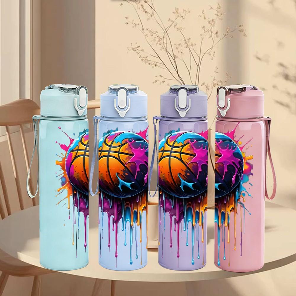 1PC Splash Basketball Color Sports Print 750ml Color Plastic Sports Water Bottle Leakproof Flip Straw Lid Suitable for Sports Office Home Use