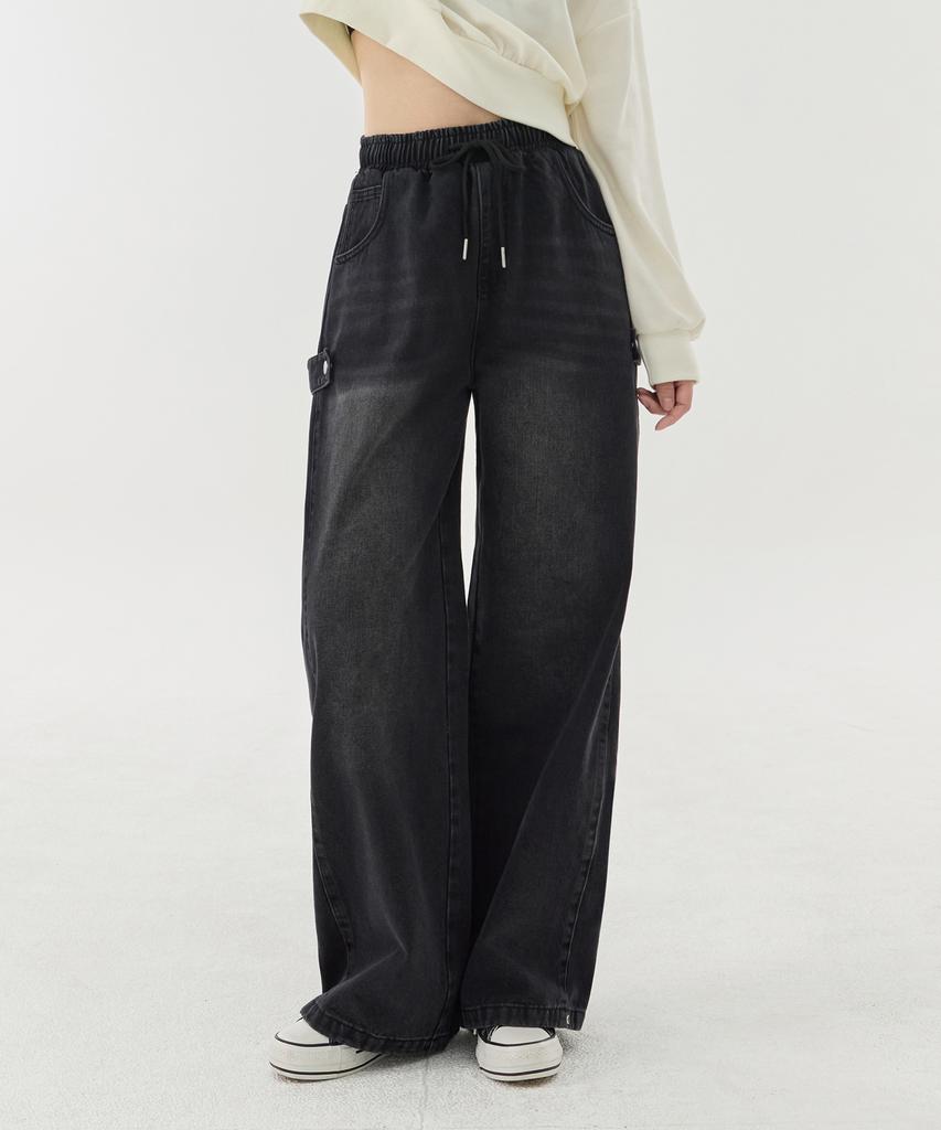 Akeusi Multi Side Strap Elastic Wide Denim Pants Unisex (Black)