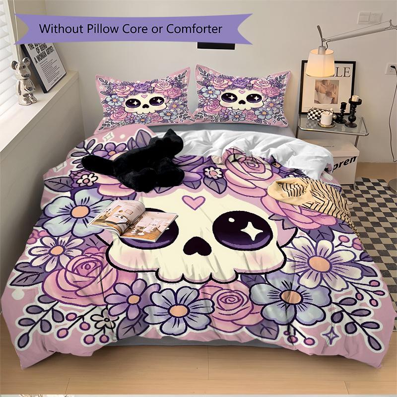 3pcs Pink Cute Skull Print Bedding Set Soft and Comfortable, Suitable for Use In Bedrooms and Guest Rooms.N075