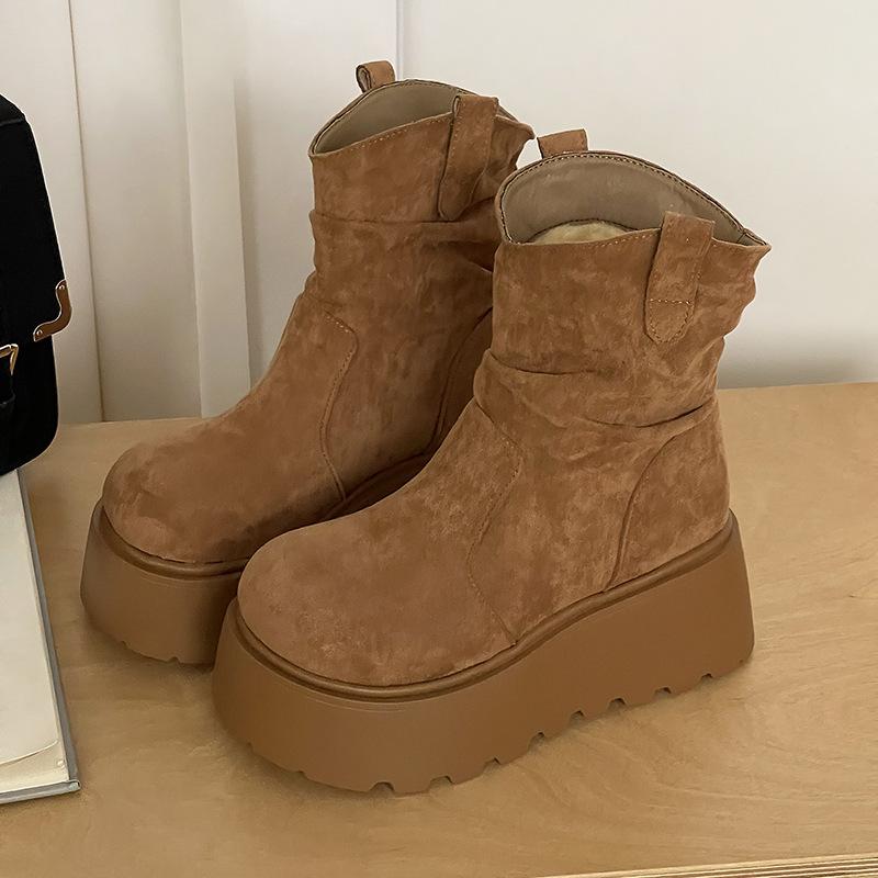 Schneestiefel für Damen Schuhe Plüsch Winter Plateau Schuhe 2025 Neue Pelz Geraffte Stiefeletten Damen Dicke Sohle Mid-Calf Stiefel