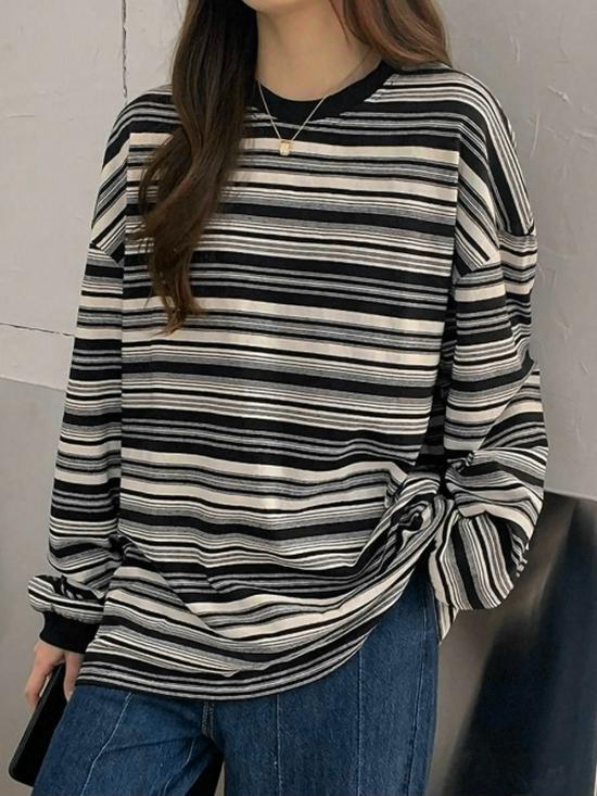 Korean Style Women's Striped Long-Sleeve Loose T-Shirt - Spring/Autumn Round Neck