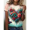 Fashion Women's Crew Neck T-Shirt 3D Flower Color Printing Crew Neck Short Sleeve