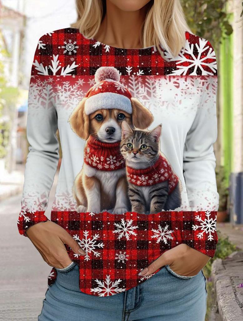 Christmas Cute Animal Cat Women's Long Sleeves T-Shirt Round Neck Long Sleeved Autumn Clothing Holiday Fashion Party T-Shirt
