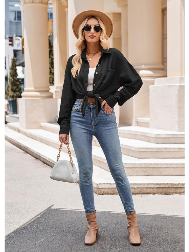 Single Breasted Pocket Waffle Fashion Shirt 2023 Women's Autumn and Winter New European and American Casual Loose Tops