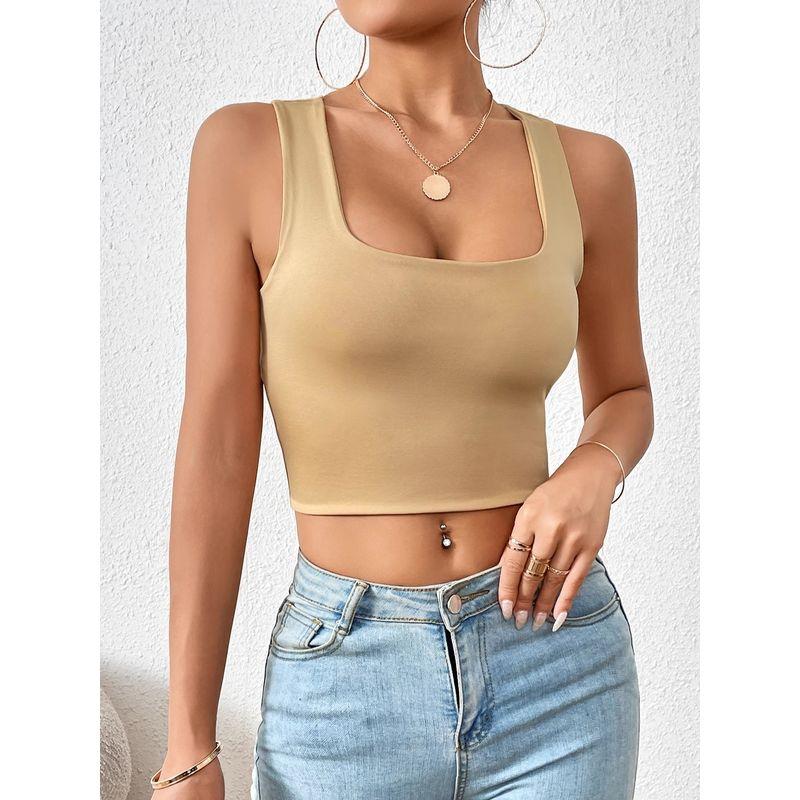 

Solid Color Square Neck Sleeveless Top Solid Color Square Collar Slim Fit Sleeveless Top Female Khaki XL