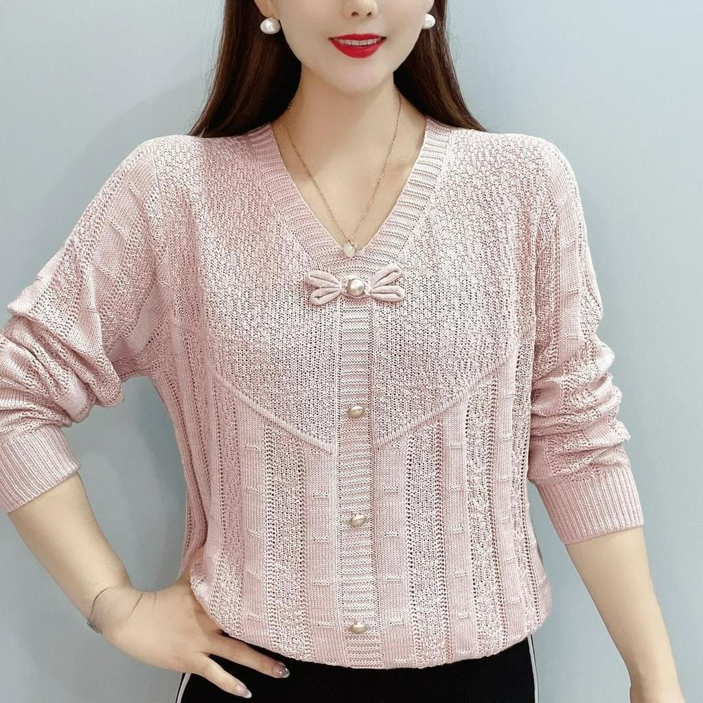 Spring and Autumn Knitwear Western Style Loose All-match Sweater Bowknot Long-sleeved Hollow Bottoming Top Women