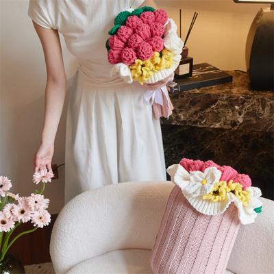 Rosenstrauß Dekokissen Gestricktes Blumenkissen Sofa Bett Überwurfkissen Geschenk für Valentinstag