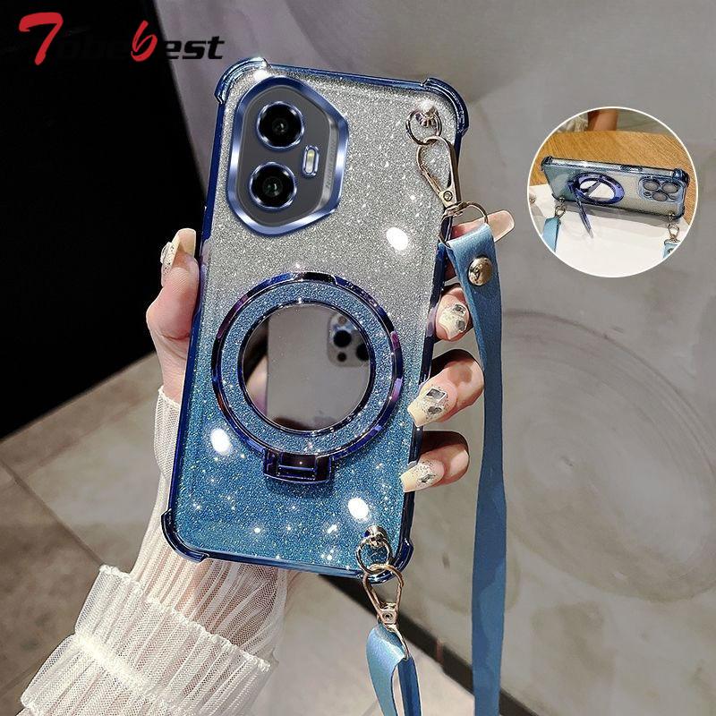Crossbody Lanyard Shockproof Glitter Plating mirror Magsafe Holder Case For Huawei Honor 300 200 100 90 Lite 80 70 60 Pro Cover