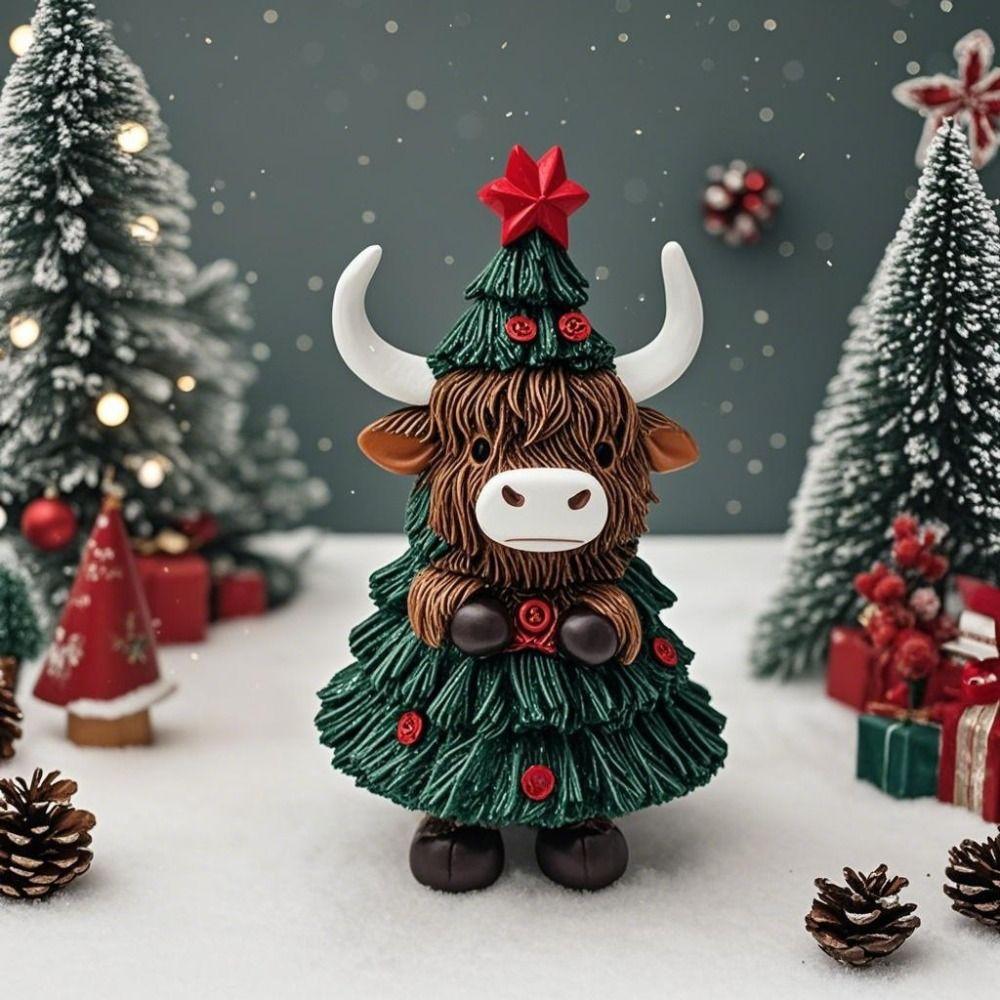 Cute Christmas Highland Cow Statue Resin Animal Sculpture Crafts Cow Figurine  Table
