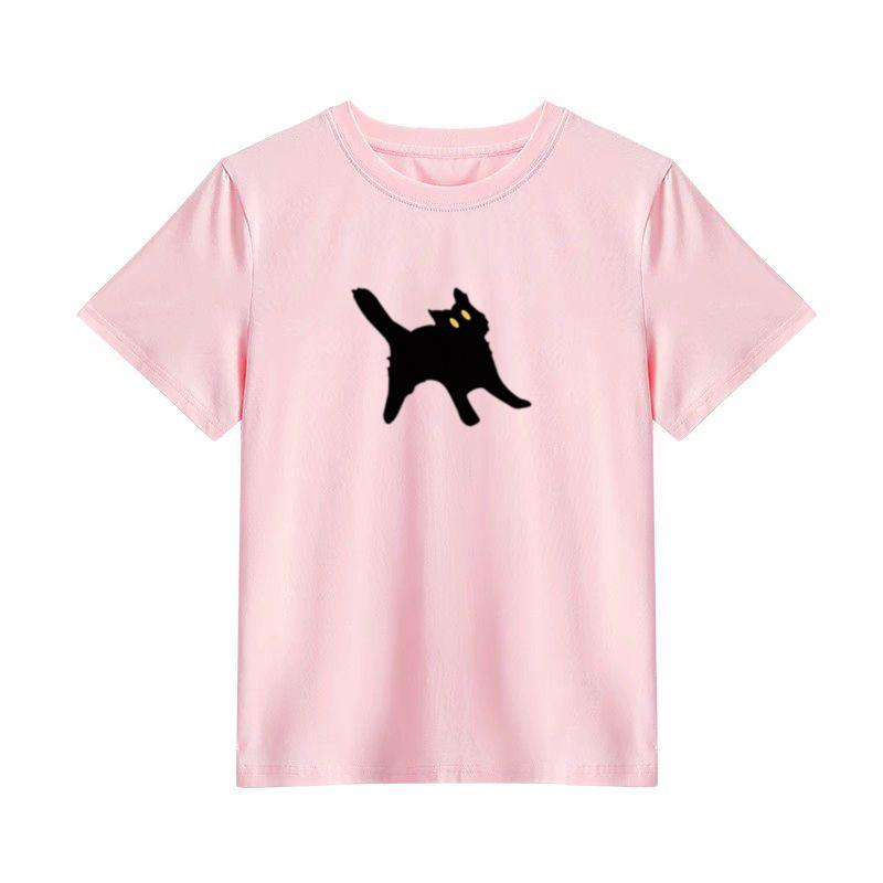 Summer new cartoon cute cat print design sense front shoulder crew neck versatile short-sleeved t-shirt women's