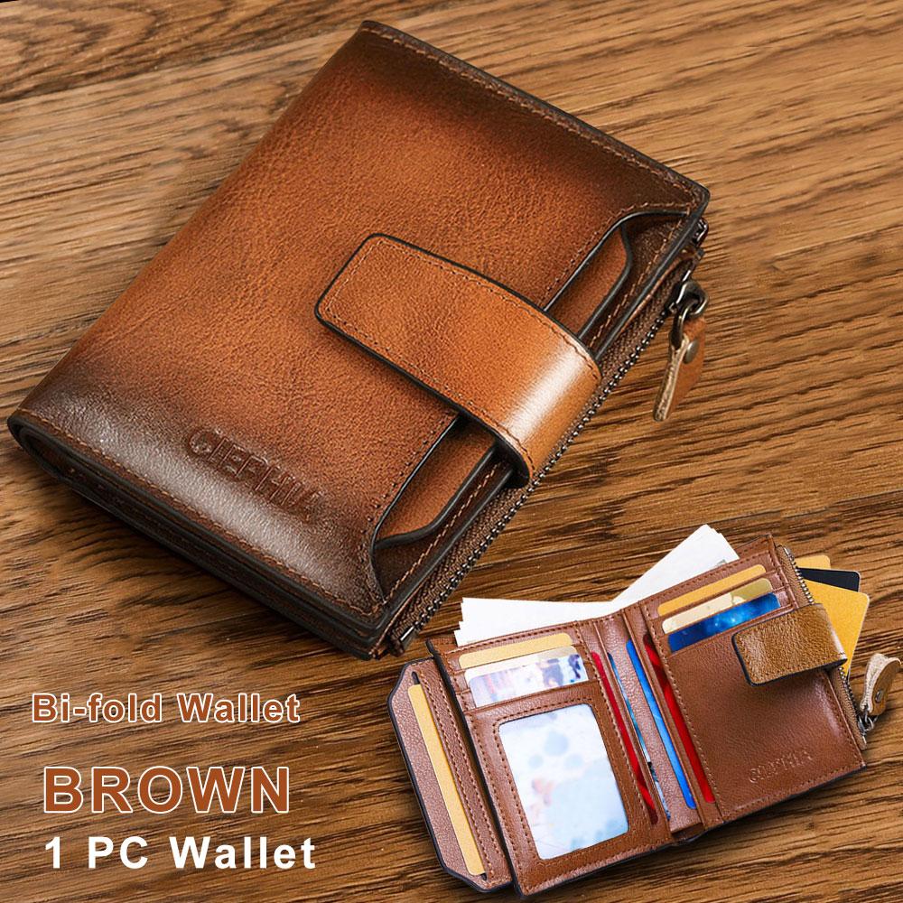 Men's Genuine Leather Wallet Vintage Short Multi Function Card Slots RFID Blocking Protection Zipper Coin Pocket Money Bags