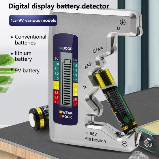 

Тестер батареи с цифровым дисплеем, ЖК-дисплей, наконечники для батареи, изолированный, быстрое измерение, ABS, устойчивый к ржавчине детектор батареи для дома серебряный
