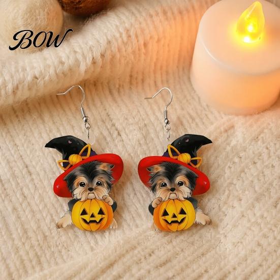 Decorative Holiday Ear Jewelry Witch Hat Puppy Earrings, Cute Dog Pumpkin Drop Halloween Gift for Her Lightweight Acrylic Jewelry, Accessories