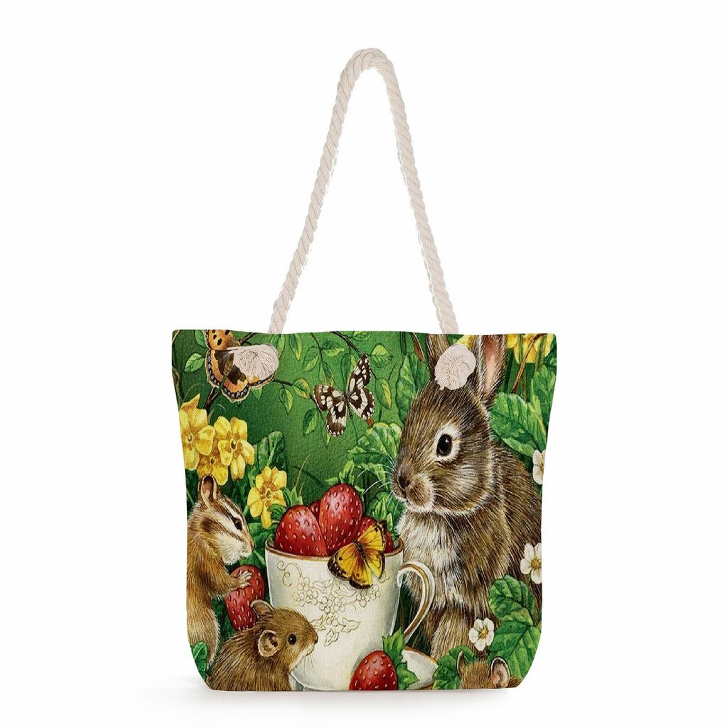 Flower Cat Print Thick Rope Single-shoulder Beach Bag 7269 CLE