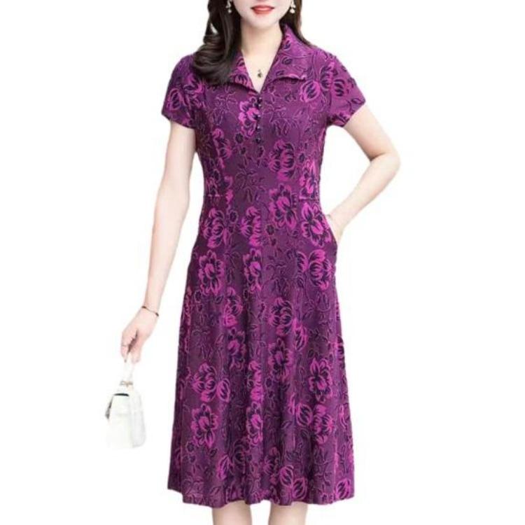 Spring Fall Floral Printed V Neck Lapel Collar Short Sleeves A-Line Midi Dress Casual Knee Length Dress for Women Middle Aged Ladies