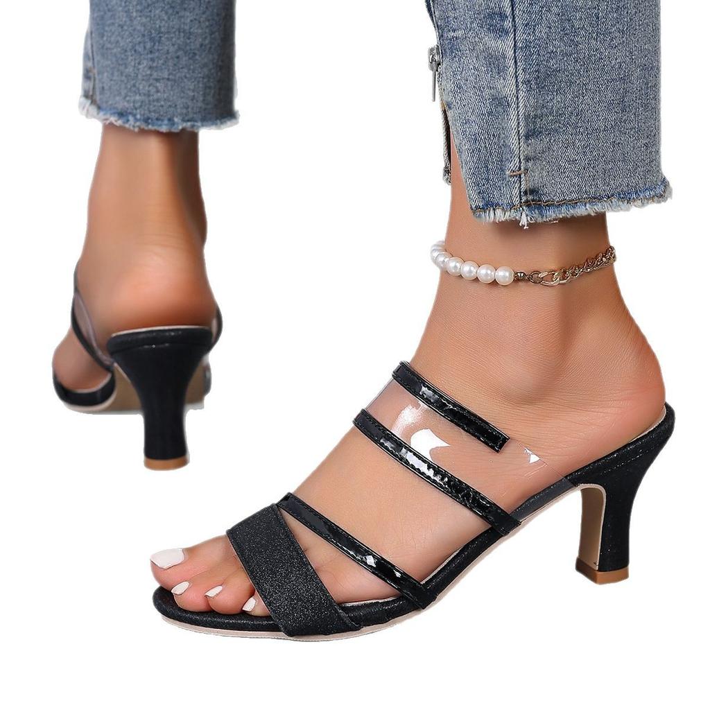 New Wind One-word Open-toed Women's Round Head Thick High-heeled Cool Slippers