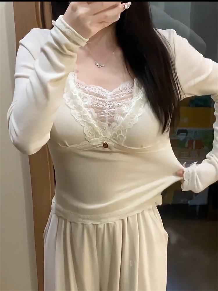 2026 Pure Desire Korean Sweet Girl Lace Patchwork Base Layer Top: Slimming, Versatile, and Stylish Women's Wear