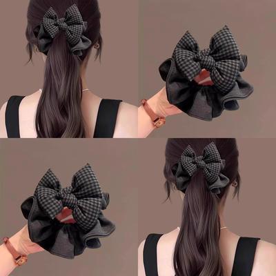 Simple Black Grey Checkered Bow  Headwear High Ponytail Hair Accessory Women Grils Large Intestine Hair Band