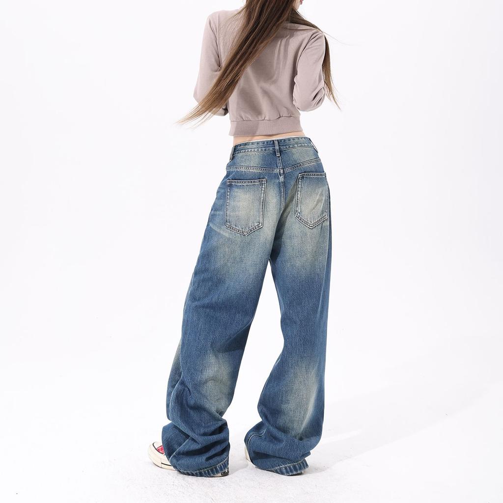 Spring Niche Street Rivet Button Relax Wide Leg Denim Pants For Women Casual Pants Oversize Denim Trousers