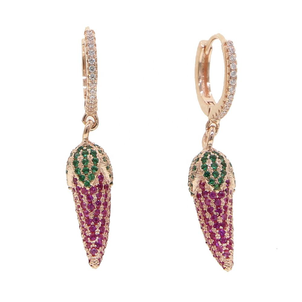 Micro Pave Studded Zircon Bling Extravagand Purple Small Pepper Cz Charm Hoop Pendant Earring