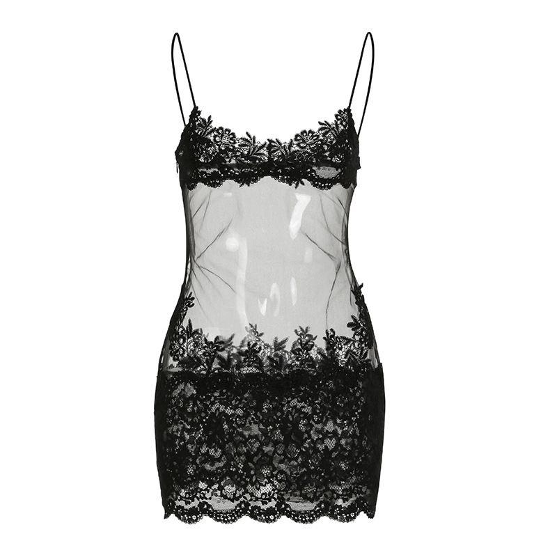 

Outfitgirl Sexy Feminine Lace Patchwork Mesh Transparent Dress Sexy Charming Slip Dress Black S