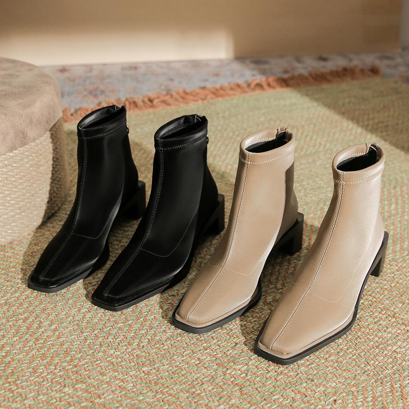 H376-2 high mercerized suede thin medium tube short boots black thick heel autumn and winter zipper women's boots niche fashion boots